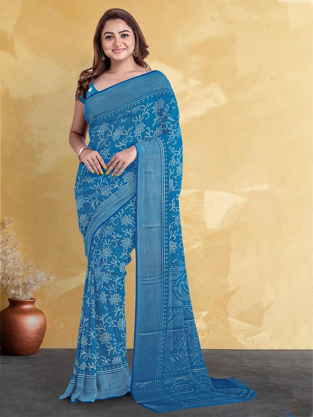

Kalamandir Floral Printed Silk Blend Saree, Blue