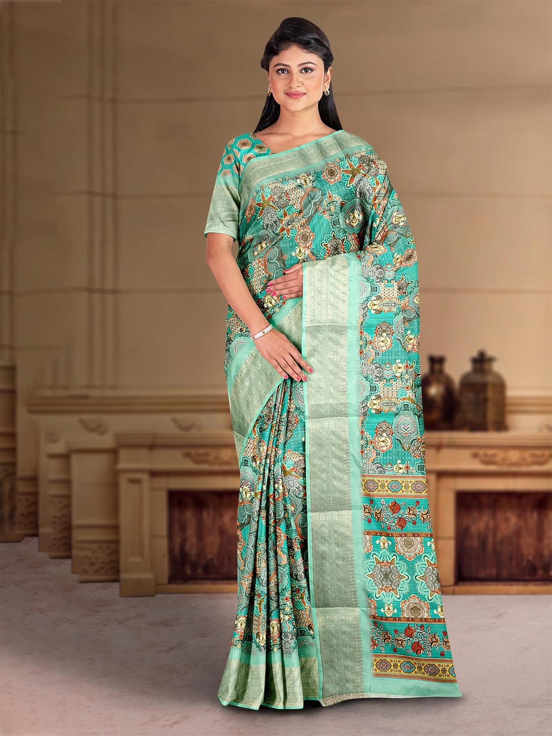 

Kalamandir Abstract Printed Zari Silk Blend Saree, Blue