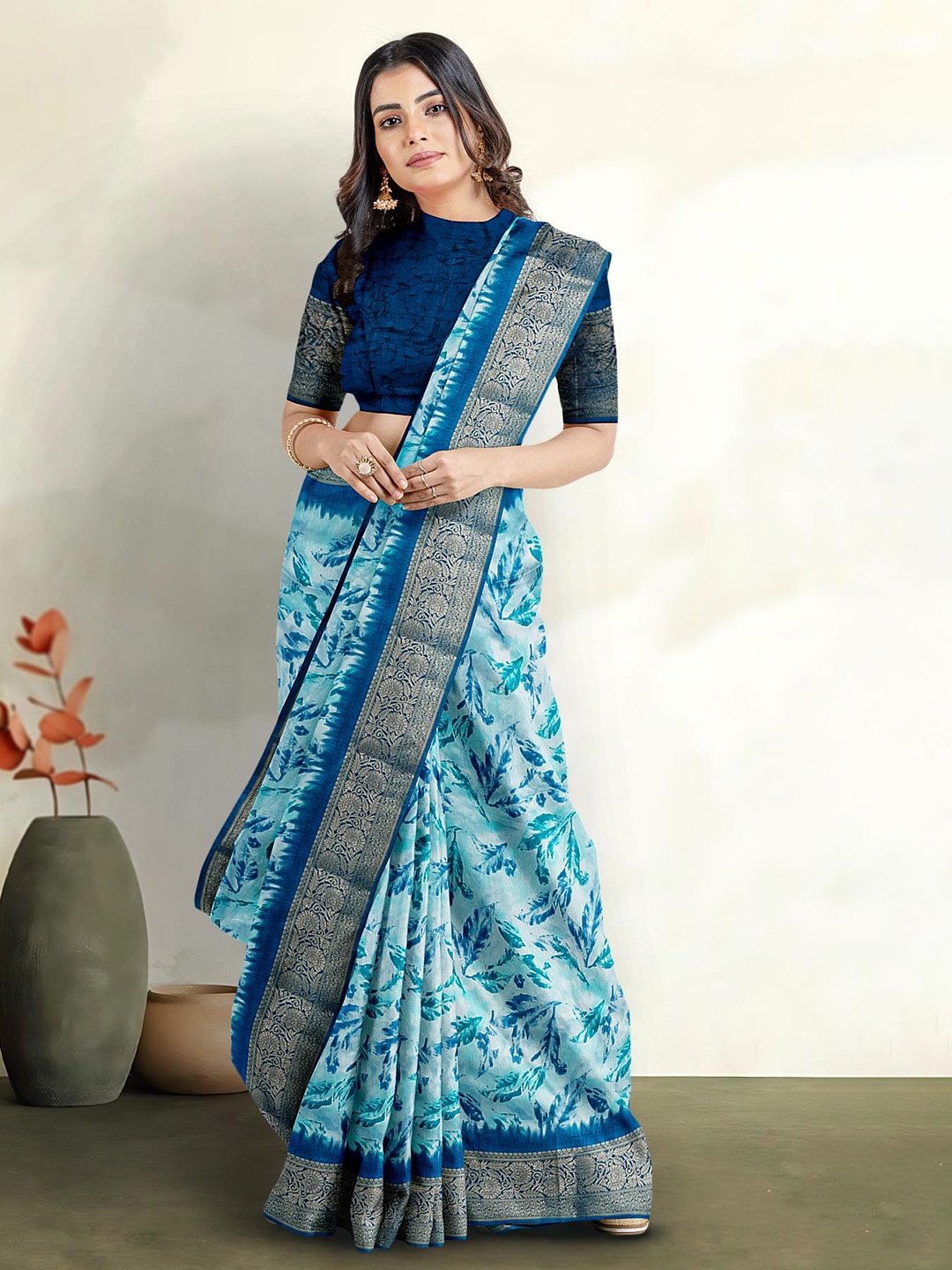 

Kalamandir Floral Printed Zari Pure Cotton Saree, Blue