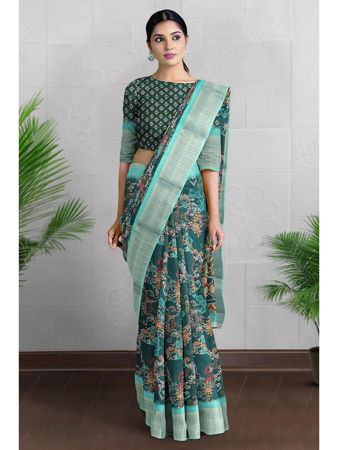

Kalamandir Floral Printed Zari Saree, Green