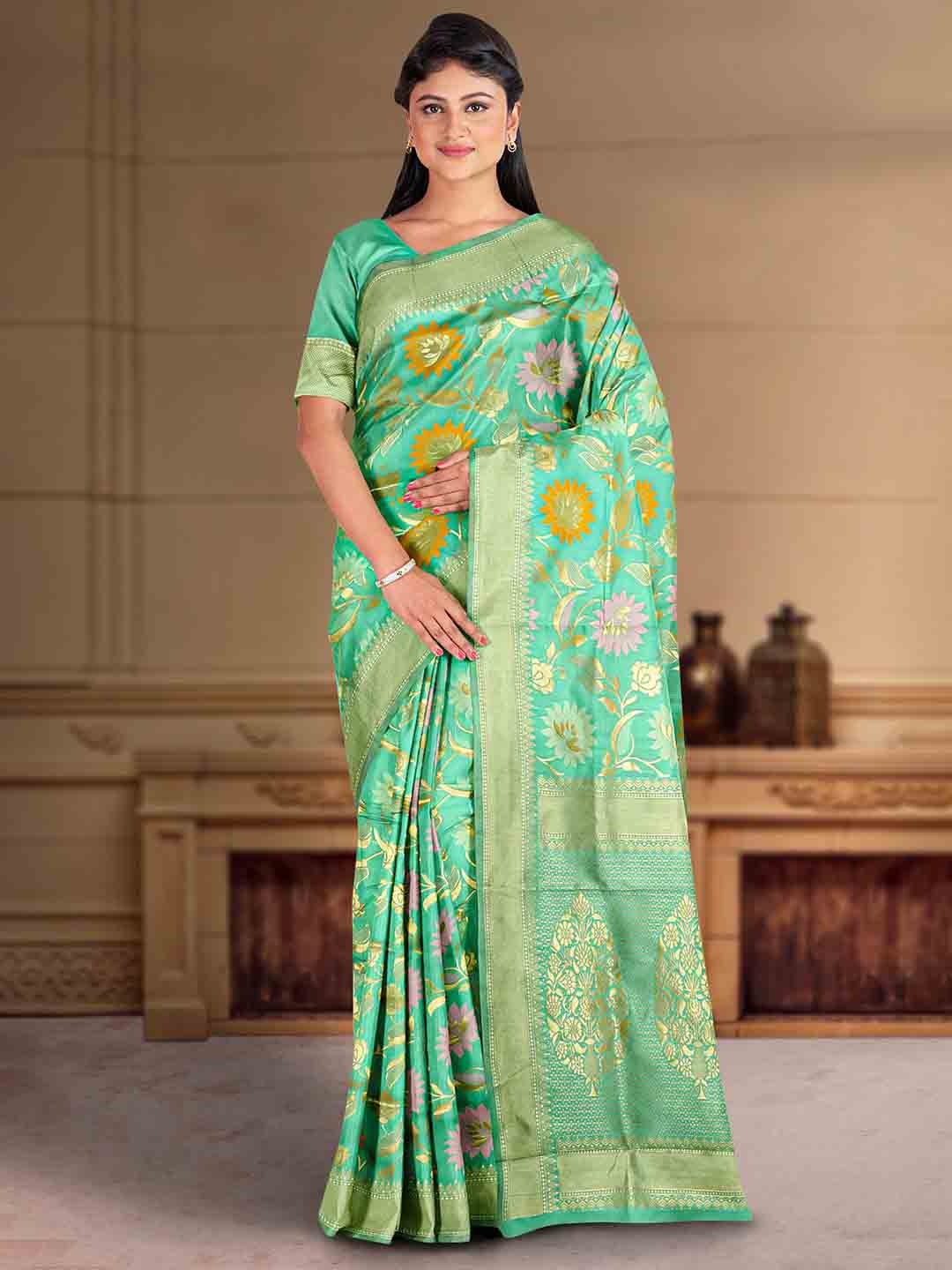 

Kalamandir Floral Printed Zari Saree, Sea green