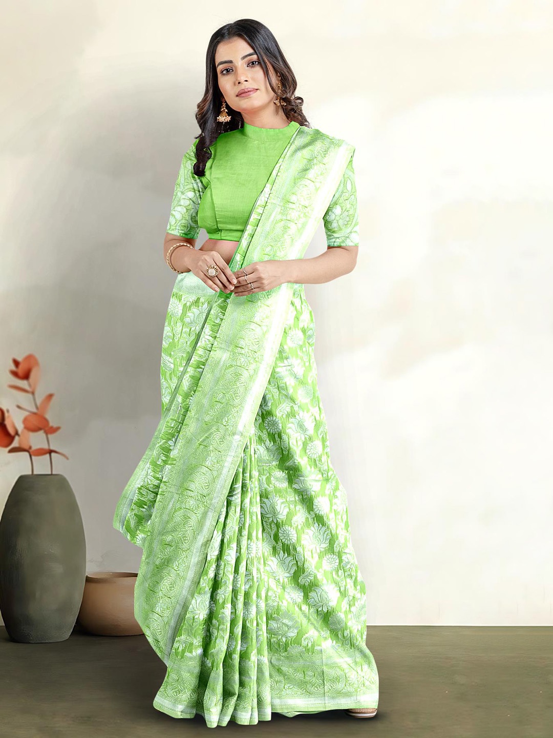 

Kalamandir Floral Woven Design Zari Saree, Green