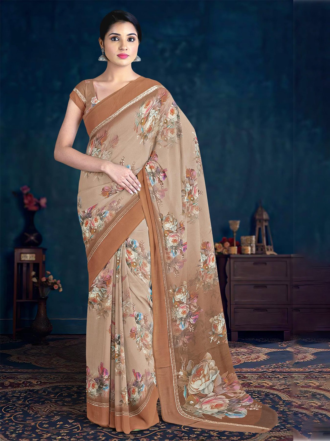 

Kalamandir Floral Printed Silk Blend Saree, Brown