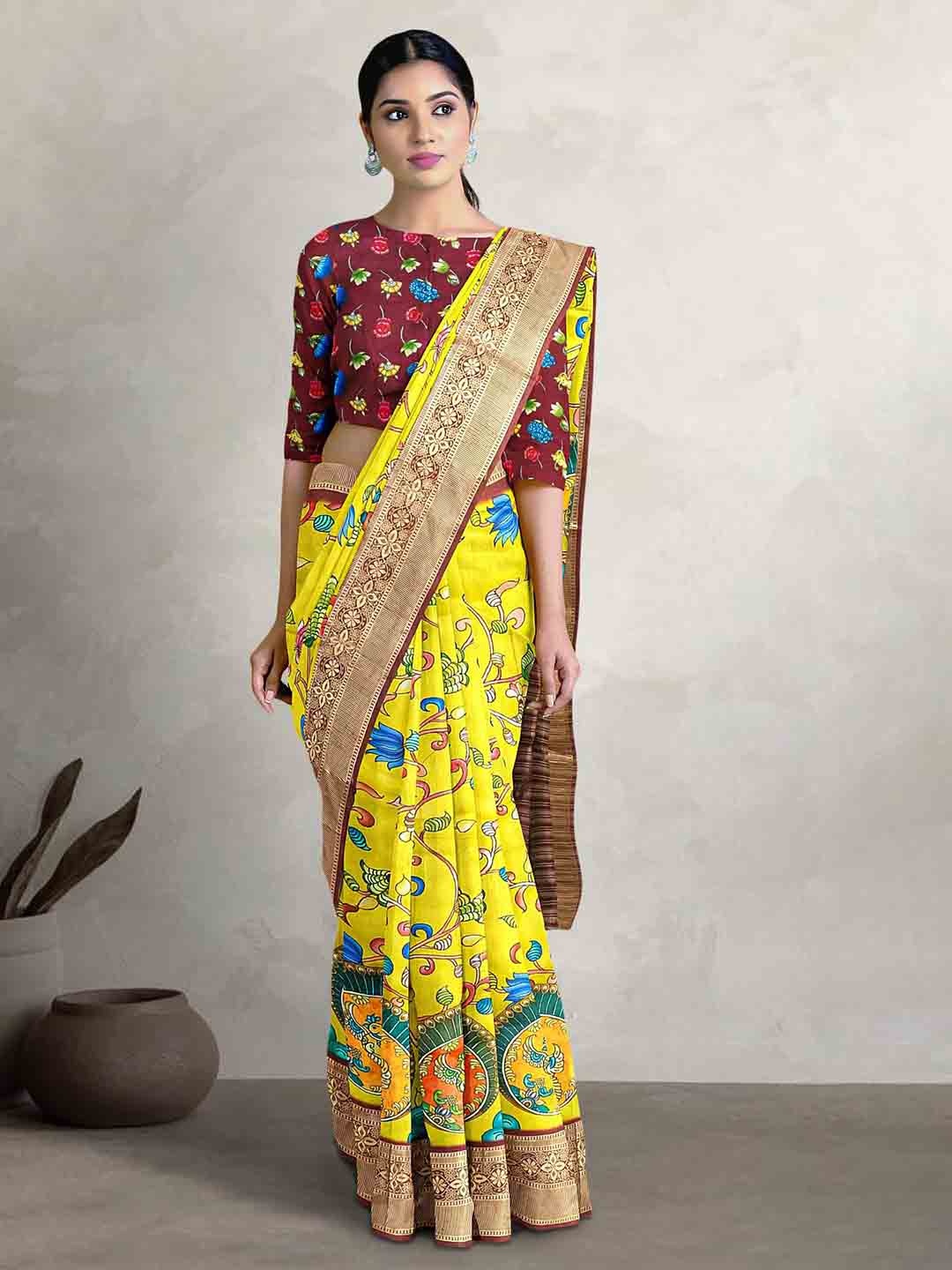 

Kalamandir Floral Printed Zari Silk Blend Saree, Yellow