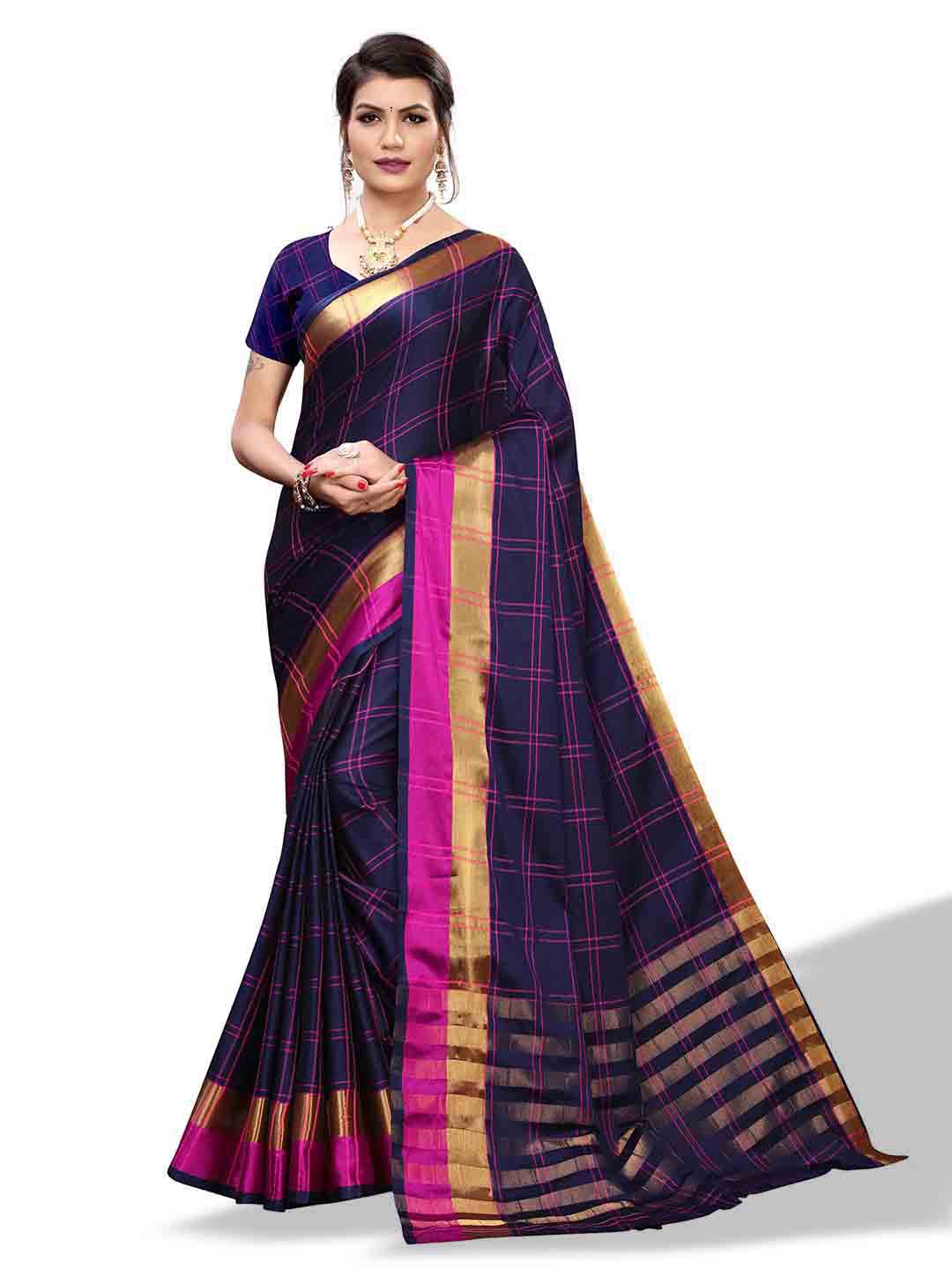 

MAGMINA Checked Zari Silk Cotton Banarasi Saree, Navy blue