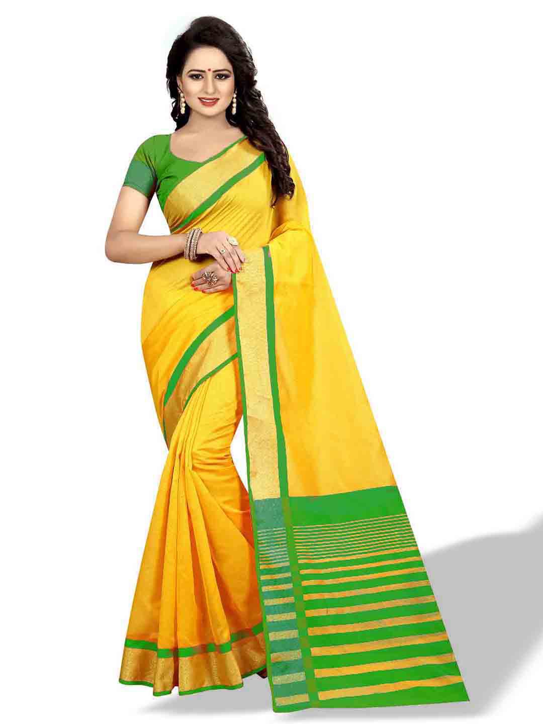

MAGMINA Woven Border Zari Silk Cotton Banarasi Saree, Yellow