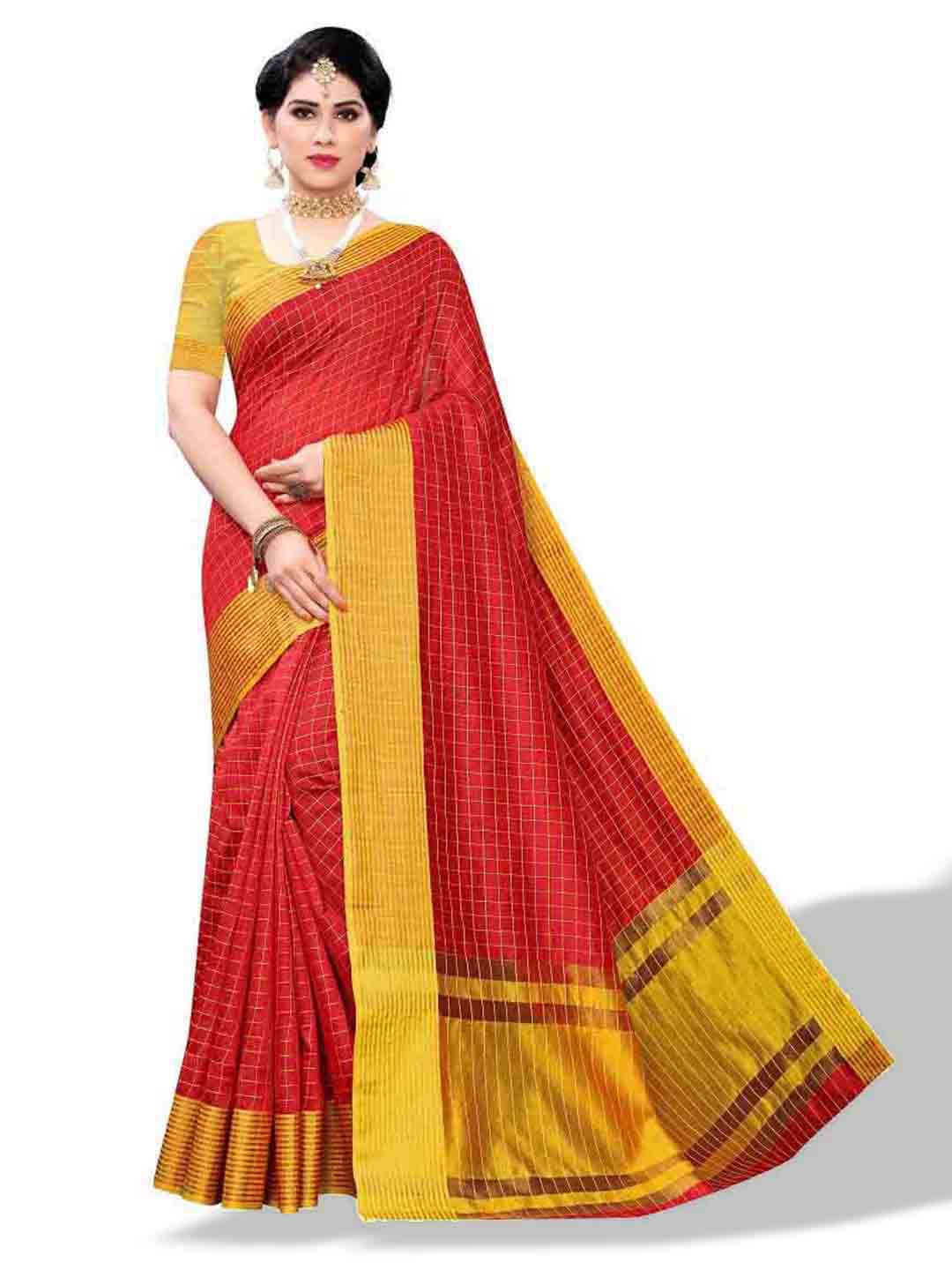 

MAGMINA Checked Zari Silk Cotton Banarasi Saree, Red