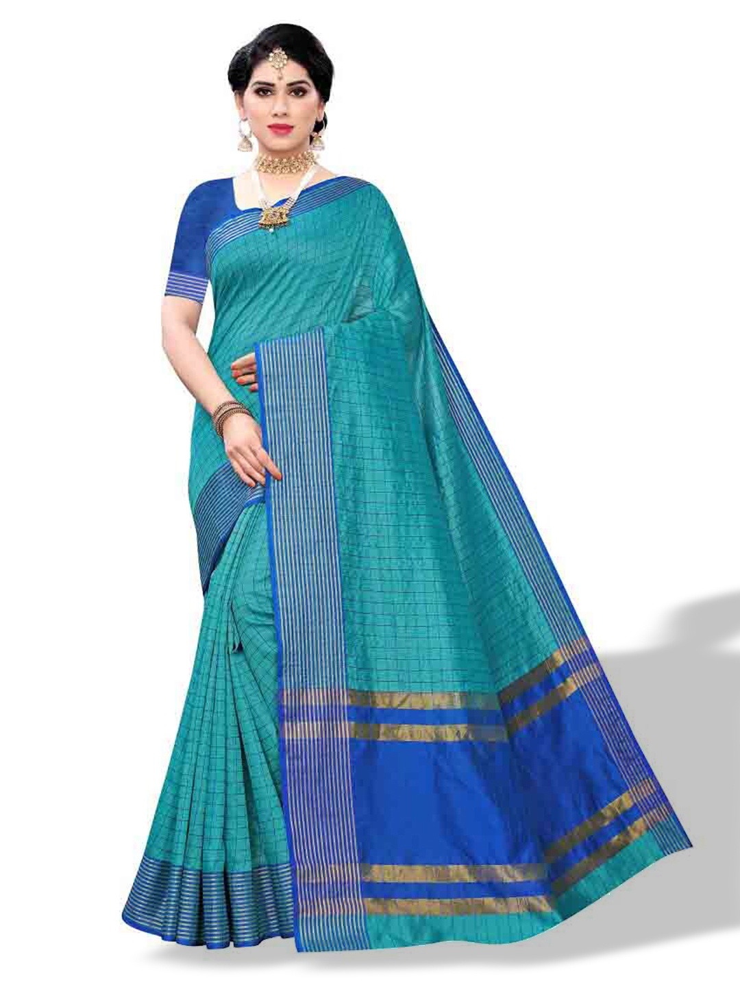 

MAGMINA Checked Zari Silk Cotton Banarasi Saree, Blue