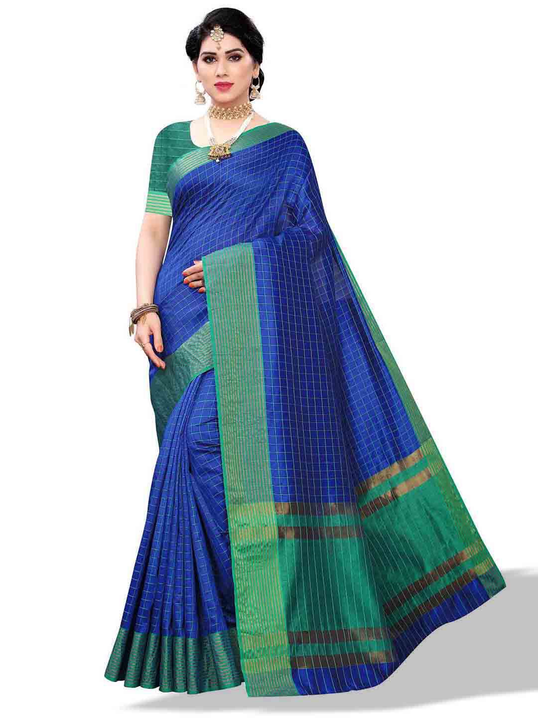

MAGMINA Checked Zari Silk Cotton Banarasi Saree, Blue