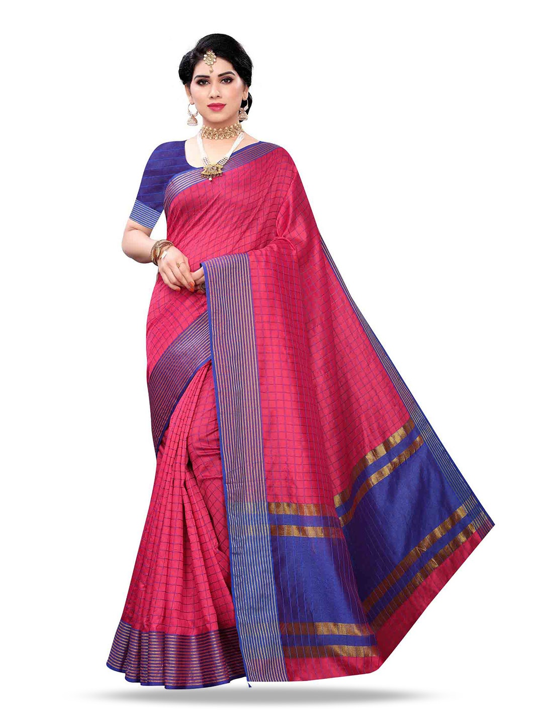 

MAGMINA Checked Zari Silk Cotton Banarasi Saree, Pink