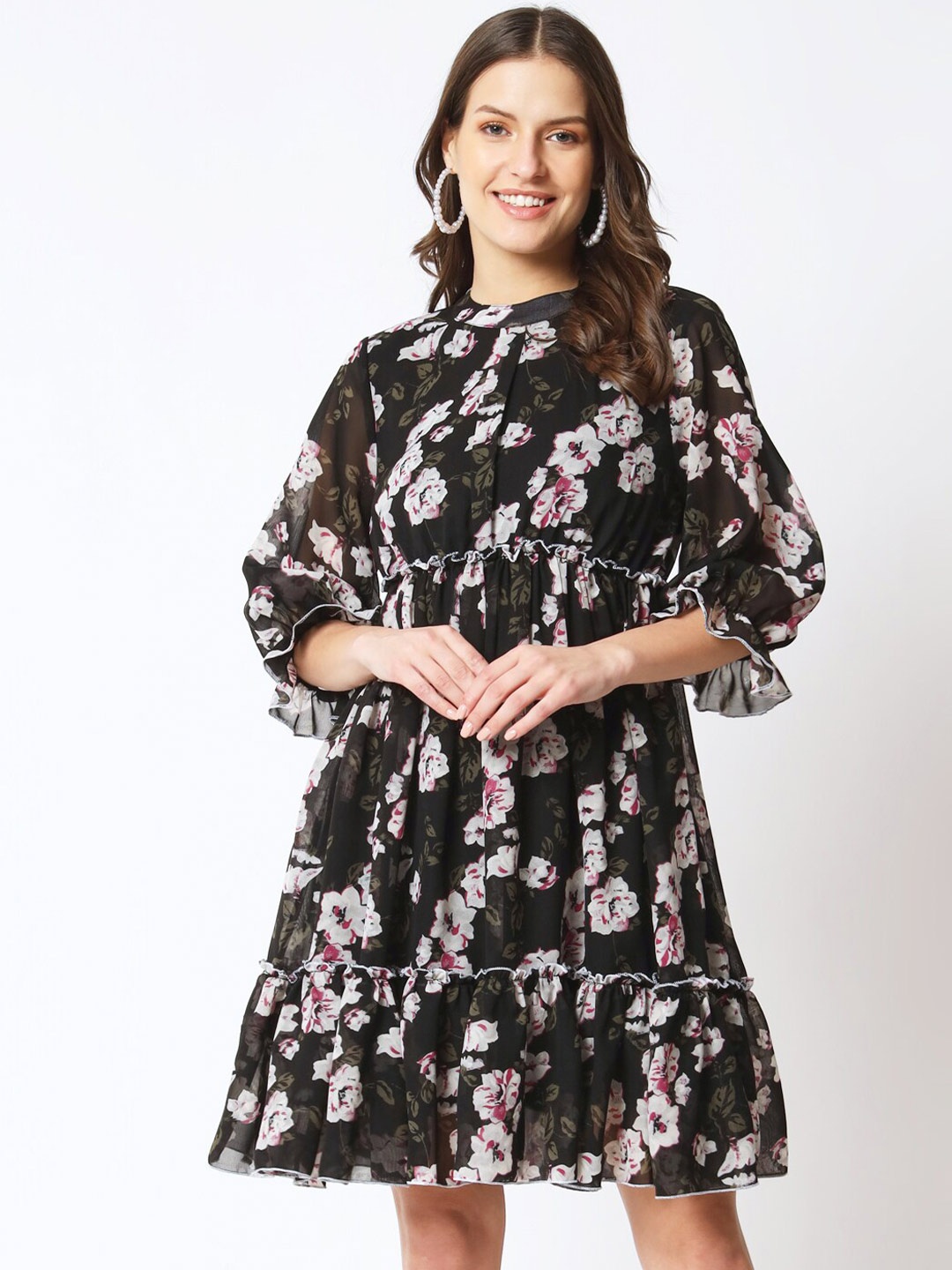 

CUFFS N LASHES Floral Printed Puff Sleeve Gathered Fit & Flare Dress, Black