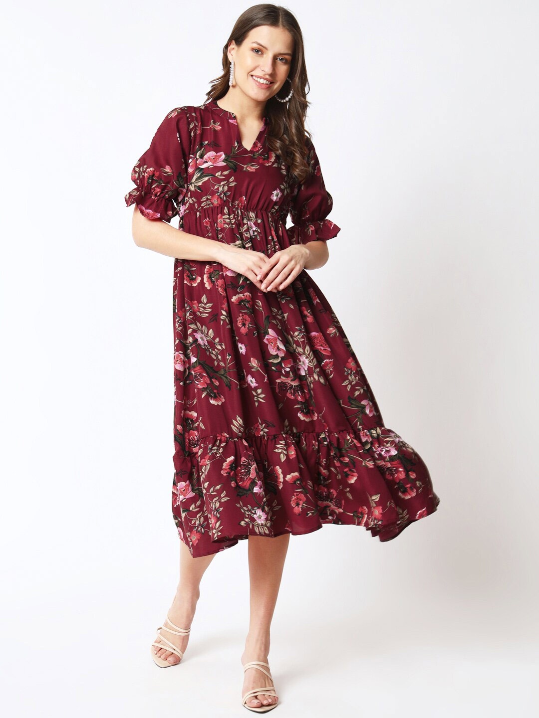 

CUFFS N LASHES Floral Print Puff Sleeve Fit & Flare Midi Dress, Maroon