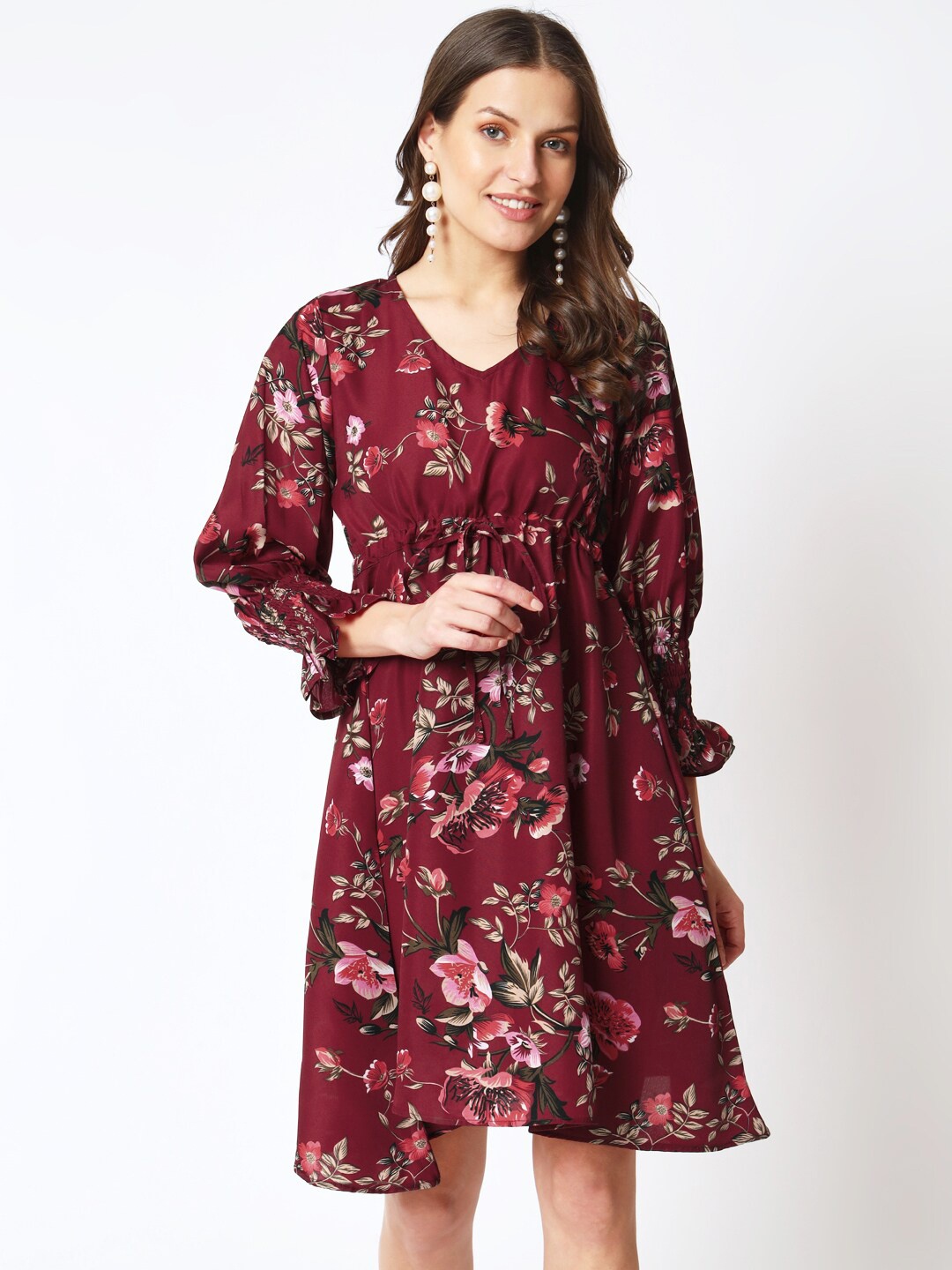 

CUFFS N LASHES Maroon Floral Printed Puff Sleeve Fit & Flare Dress