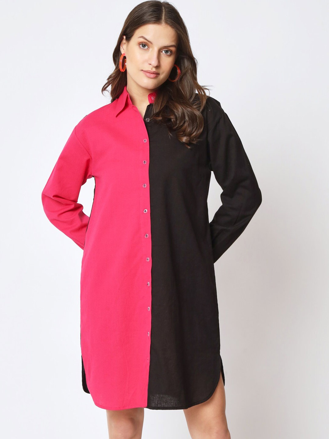 

CUFFS N LASHES Colourblocked Shirt Collar Pure Cotton Shirt Dress, Black