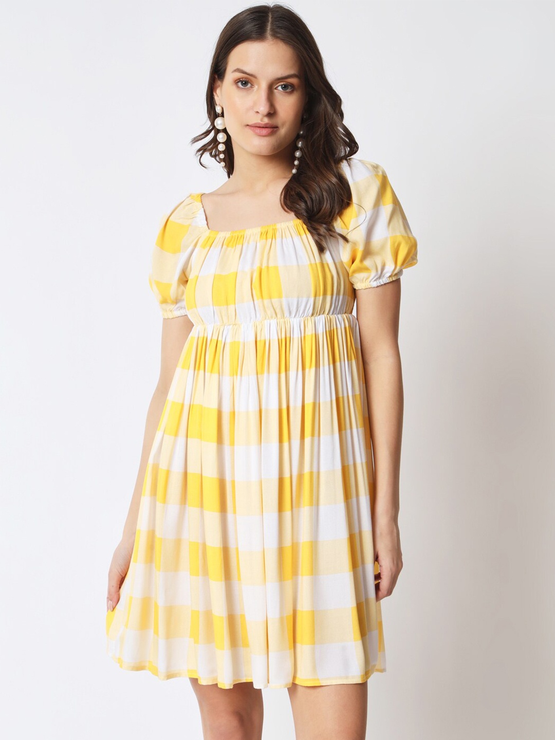 

CUFFS N LASHES Square Neck Puff Sleeves Checked Empire Dress, Yellow