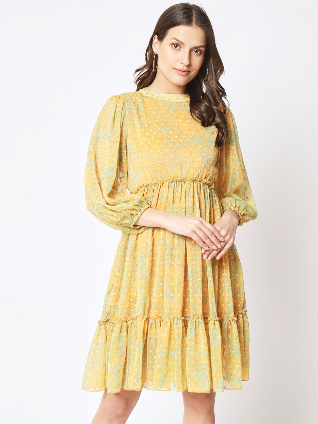 

CUFFS N LASHES Self Design Round Neck Puff Sleeve Gathered Empire Dress, Green