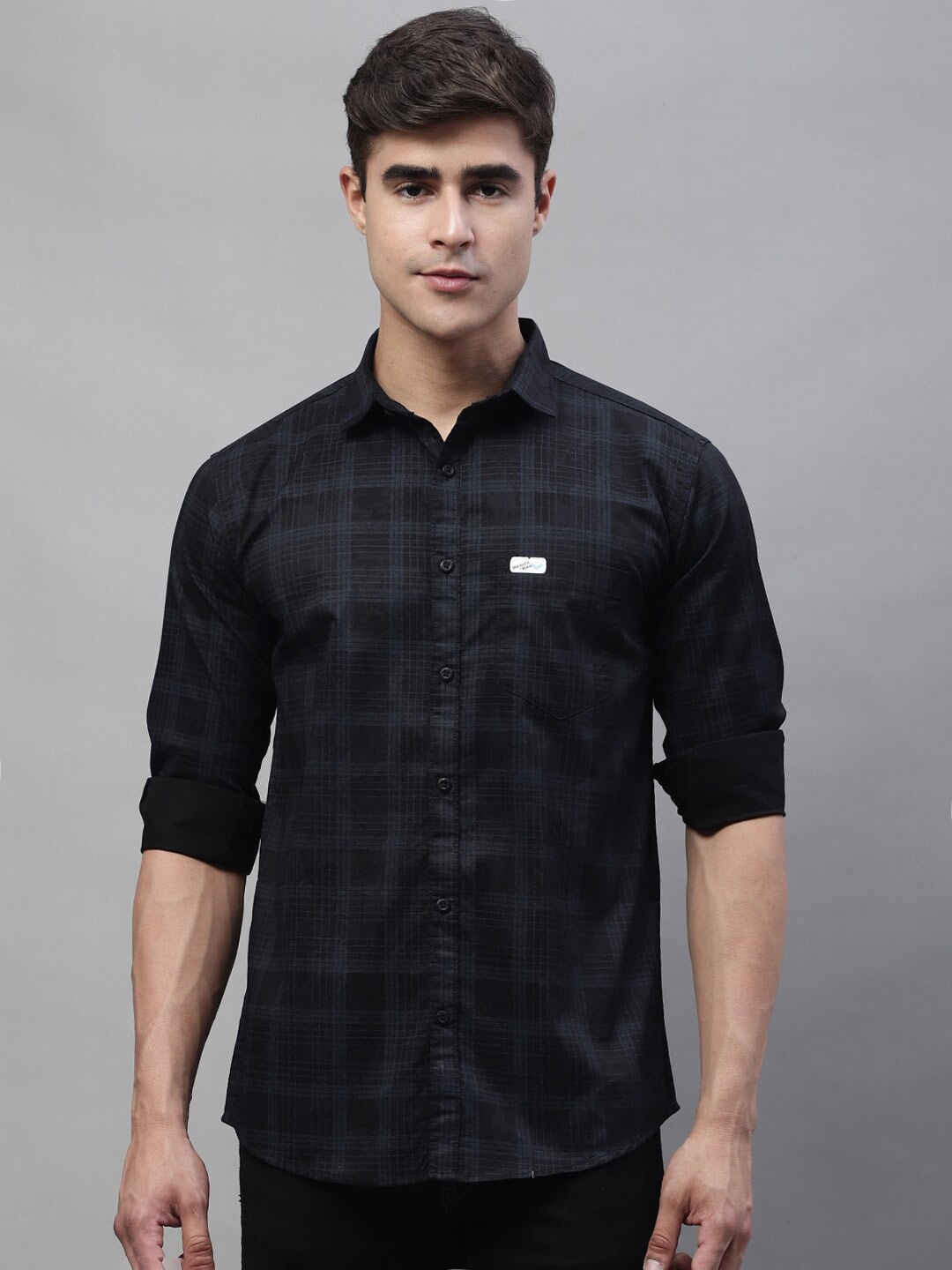 

Majestic Man Classic Slim Fit Tartan Checked Pure Cotton Casual Shirt, Black