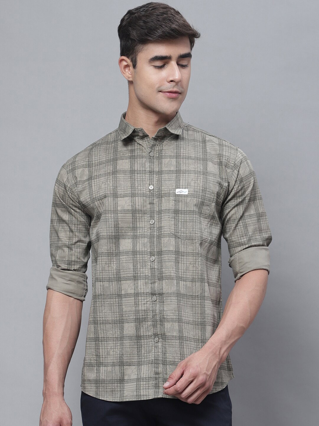 

Majestic Man Classic Slim Fit Checked Pure Cotton Casual Shirt, Taupe