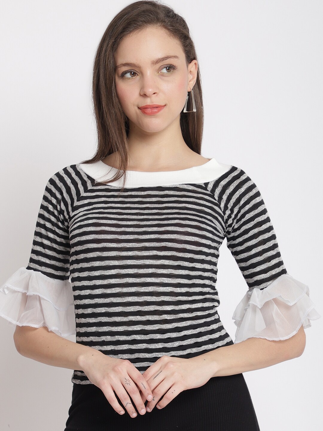 

The Mini NEEDLE Horizontal Striped Bell Sleeve Top, Grey