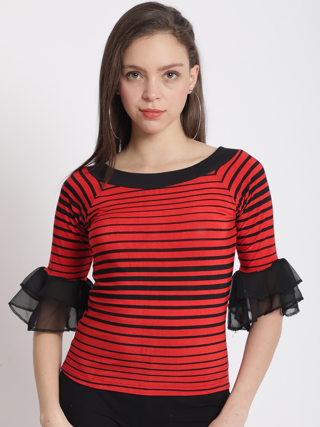 

The Mini NEEDLE Striped Bell Sleeves Fitted Top, Red
