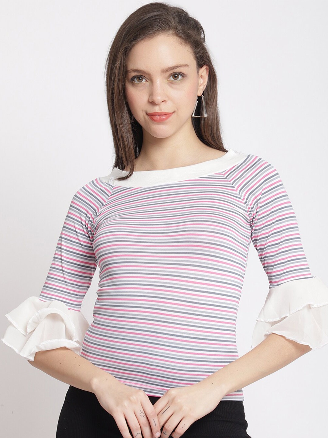 

The Mini NEEDLE Horizontal Striped Bell Sleeve Top, Pink
