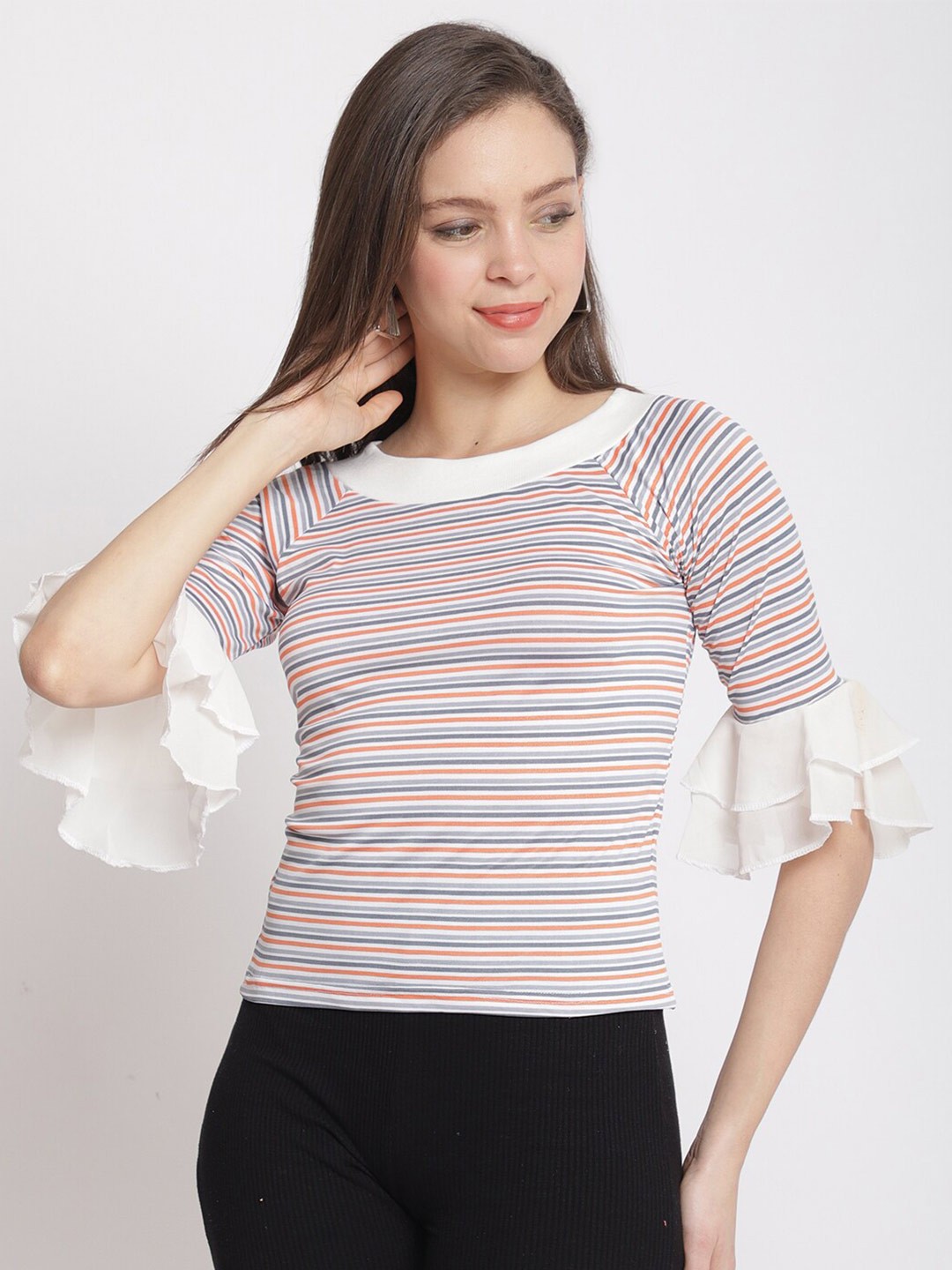 

The Mini NEEDLE Striped Bell Sleeve Fitted Top, White