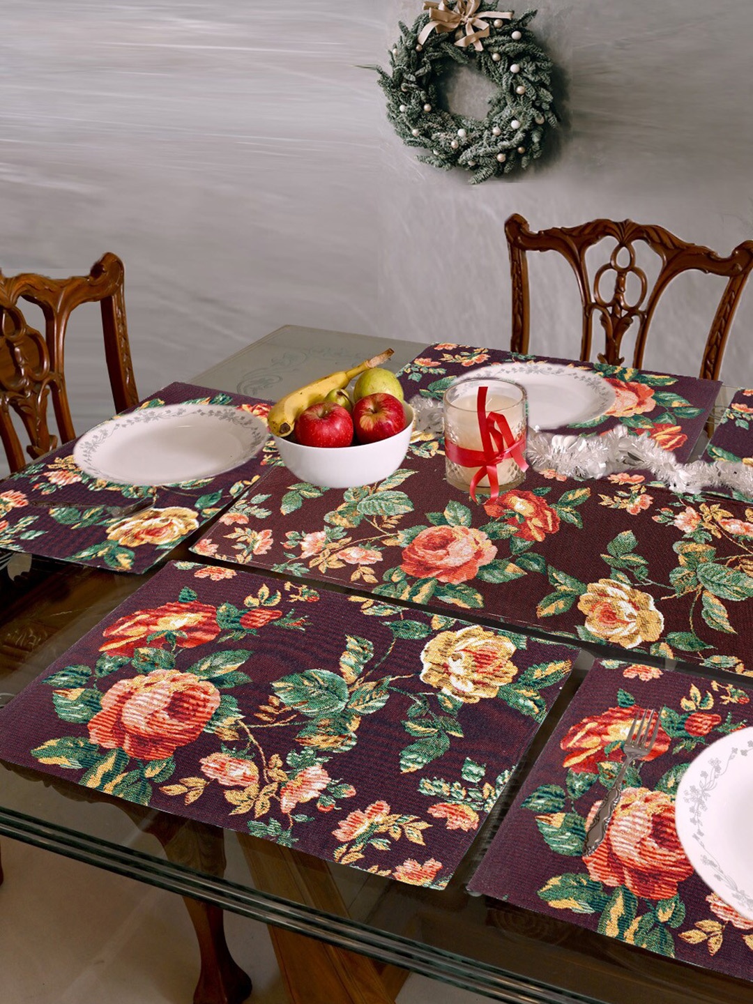 

AVI Living Brown & Red 9 Pieces Floral Jacquard Woven Table Mats & Runners