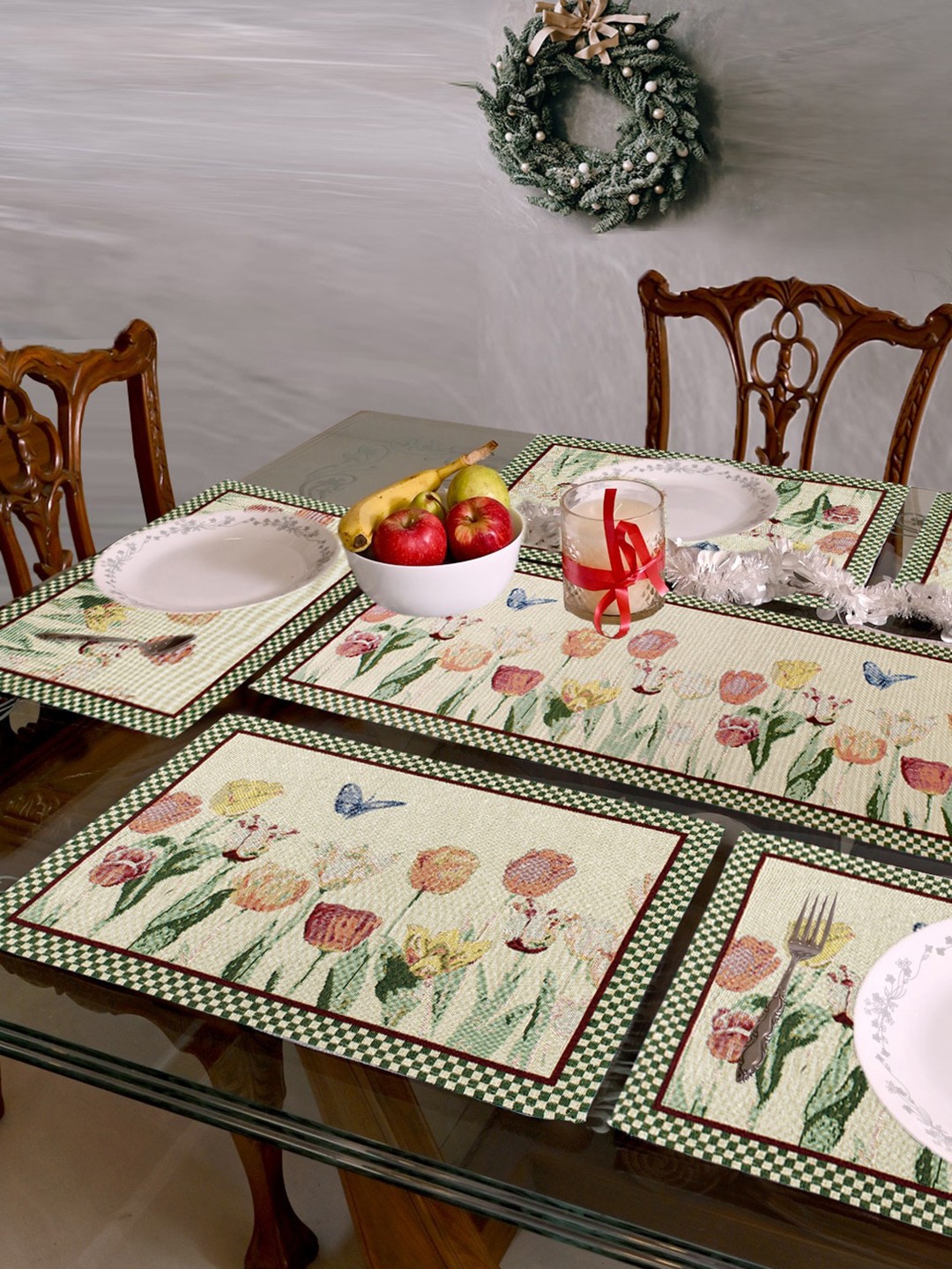

AVI Living Beige & Green 8 Pieces 600 GSM Floral Woven Design Placemats & Table Runner