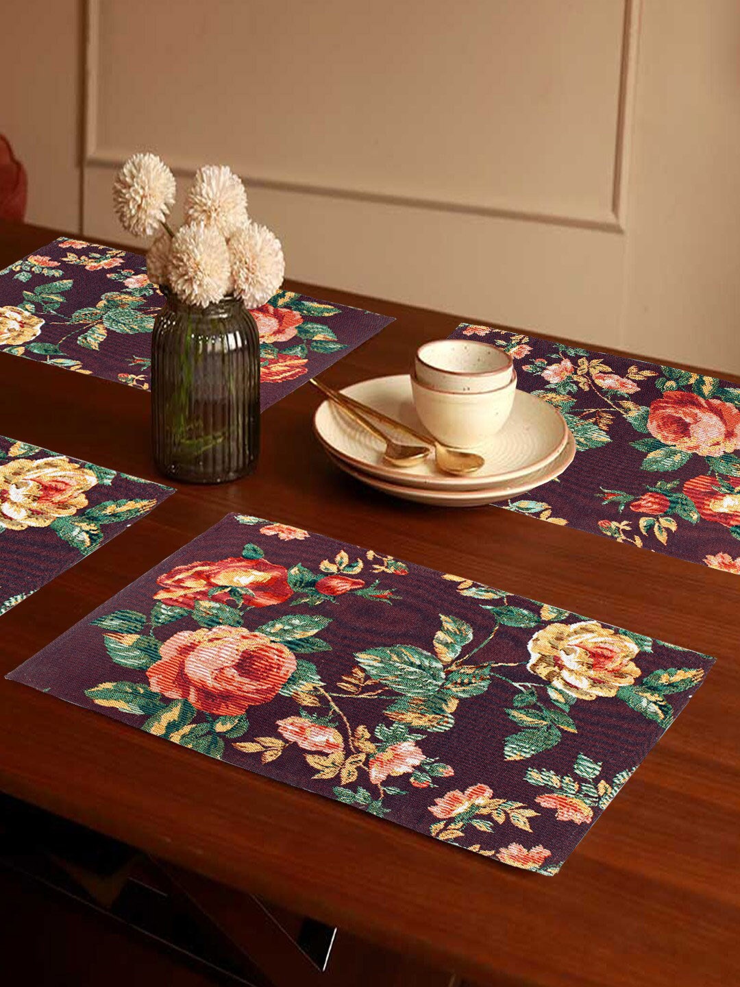 

AVI Living Burgundy 6 Pieces Floral Jacquard Woven Table Placemats