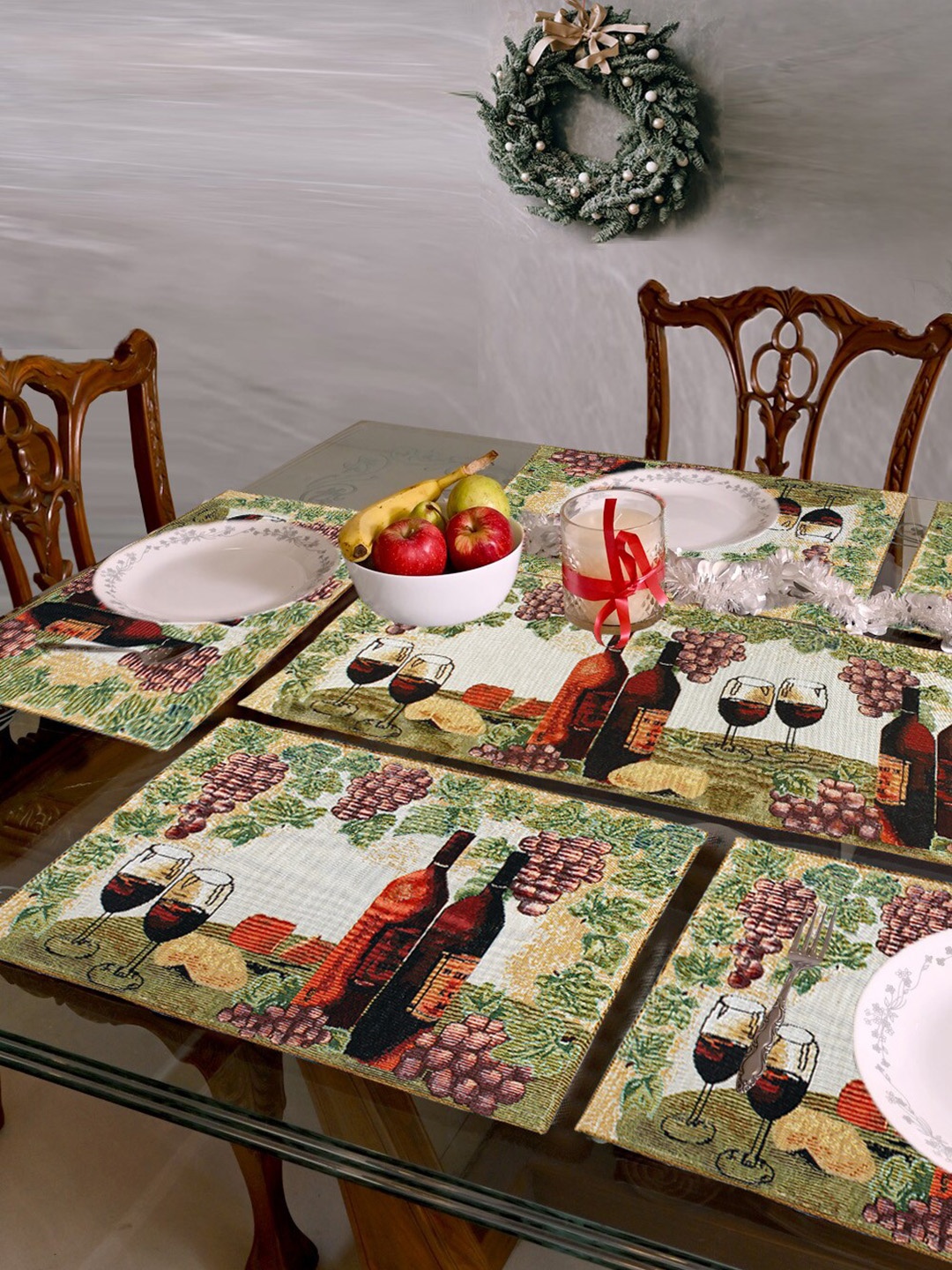 

AVI Living Green & White 9 Pieces Jacquard Woven Table Placemats with Table Runner, Off white