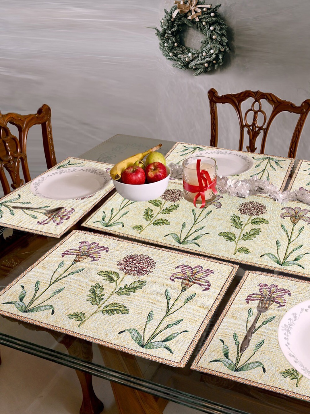 

AVI Living Beige & Green 7 Pieces Floral Jacquard Woven Table Placemats With Table Runner