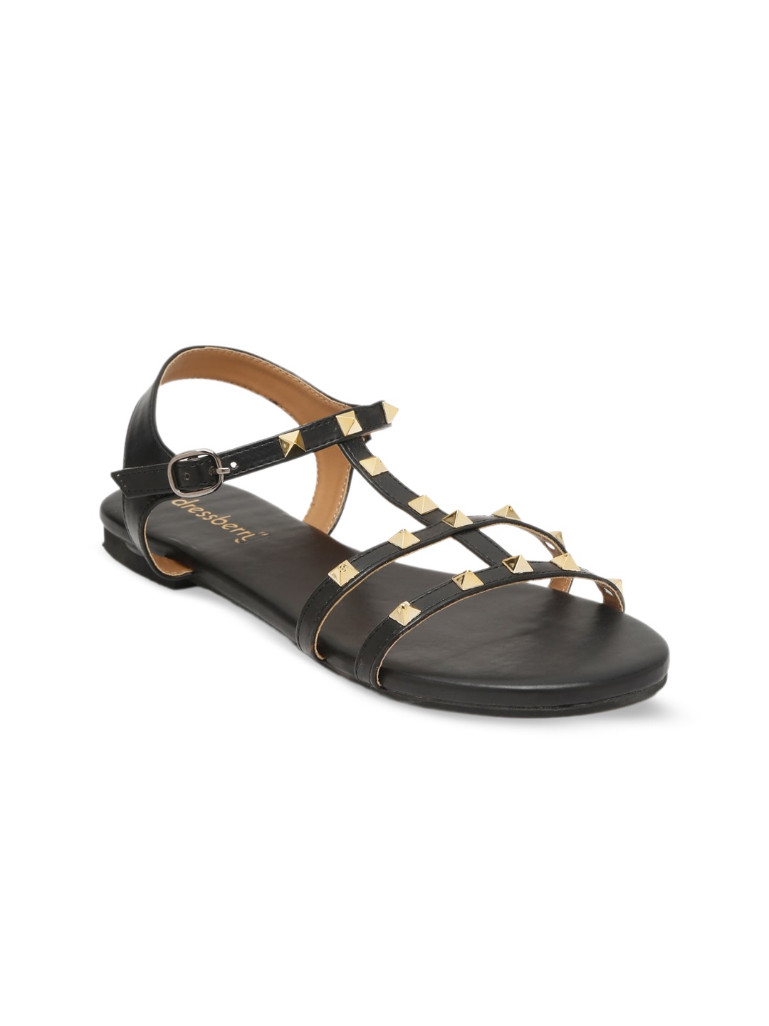 

DressBerry Black And Gold-Toned Embellished Open Toe Flats
