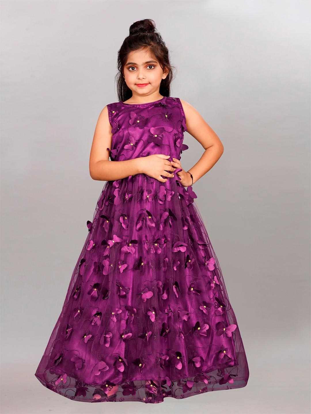 

APNISHA Purple Floral Print Net Maxi Dress