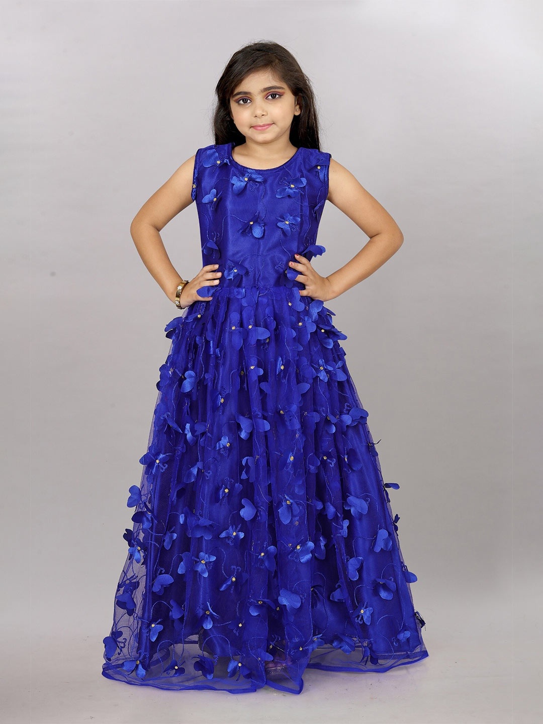

APNISHA Blue Floral Print Net Maxi Dress