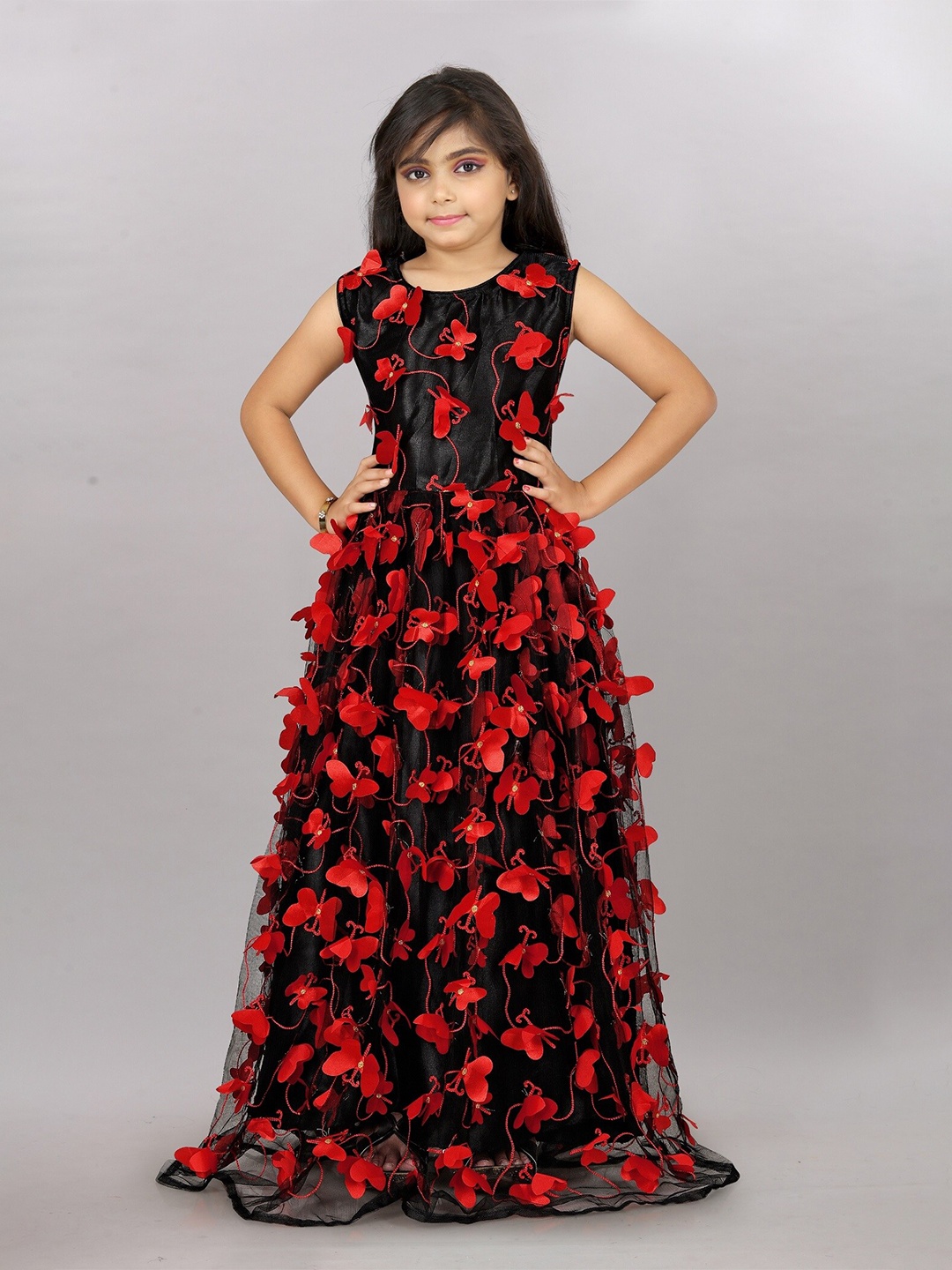 

APNISHA Floral Printed Applique Net Maxi Gown, Black