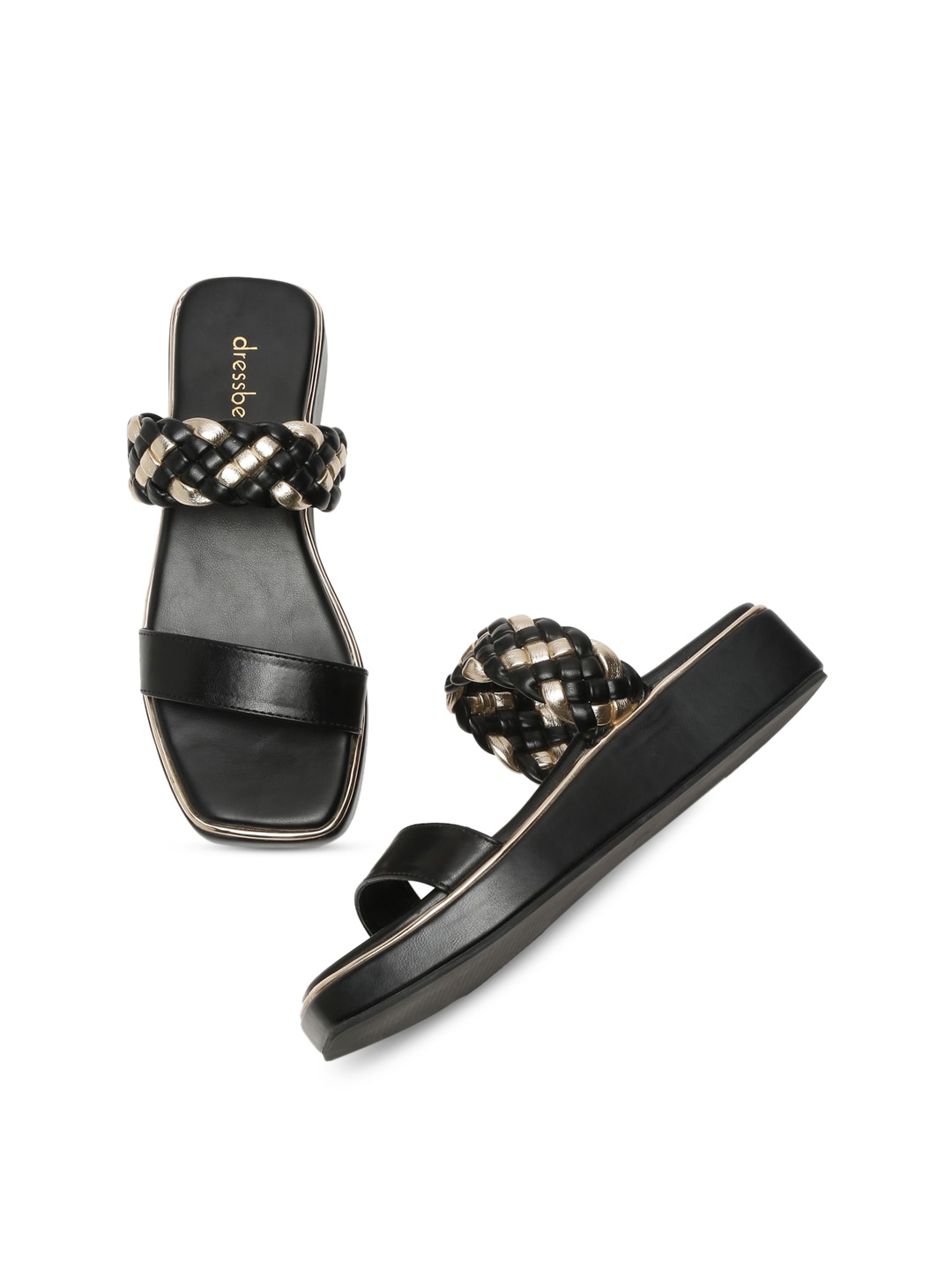 

DressBerry Black And Gold-Toned Braided Strap Flatform Heels