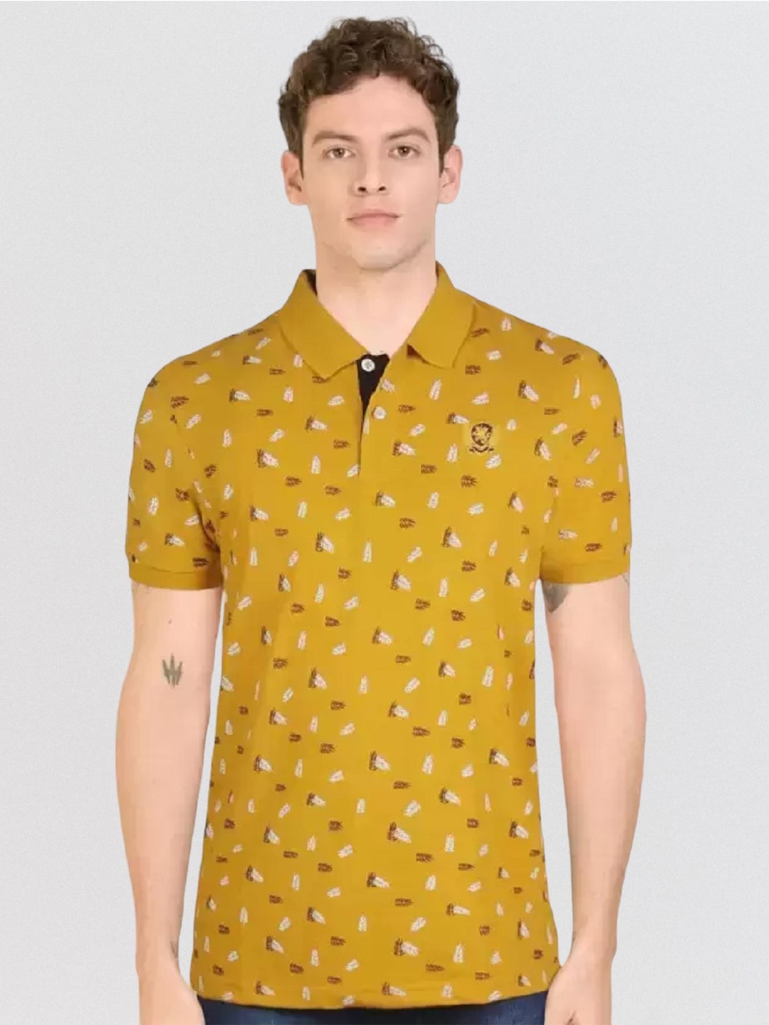 

Fort Collins Conversational Printed Polo Collar Cotton T-shirt, Mustard