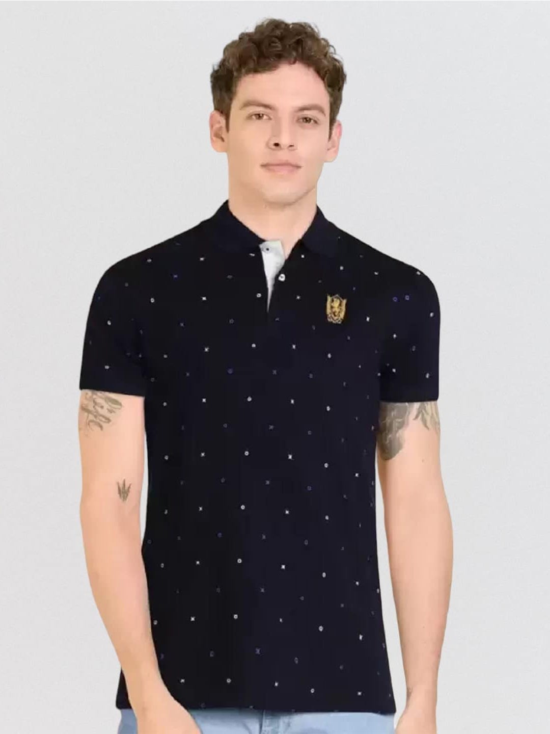 

Fort Collins Micro Ditsy Printed Polo Collar Cotton T-shirt, Navy blue
