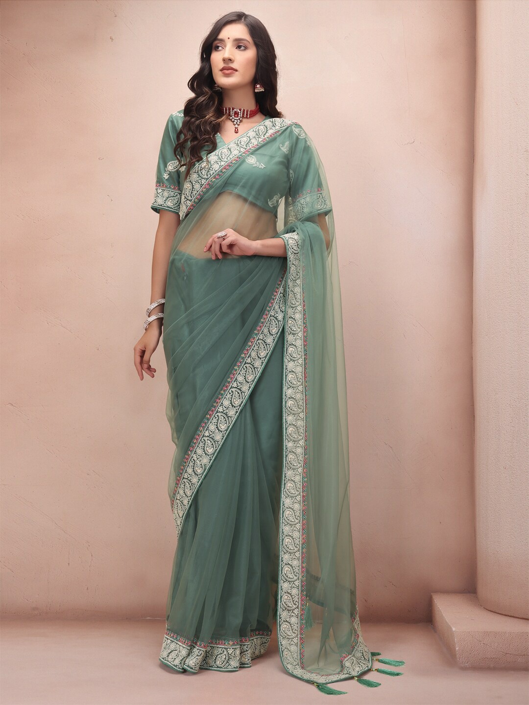 

Inddus Green Paisley Embroidered Net Saree