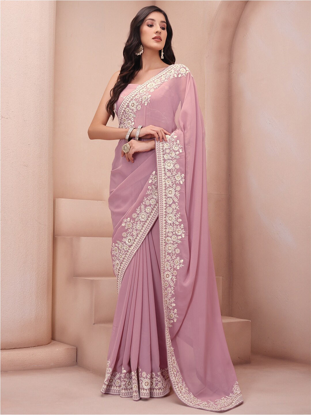 

Inddus Pink Floral Sequinned Poly Georgette Saree