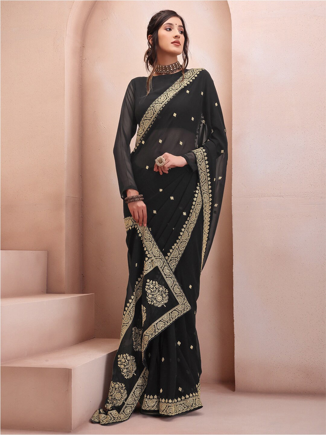 

Inddus Black Floral Embroidered Poly Georgette Saree