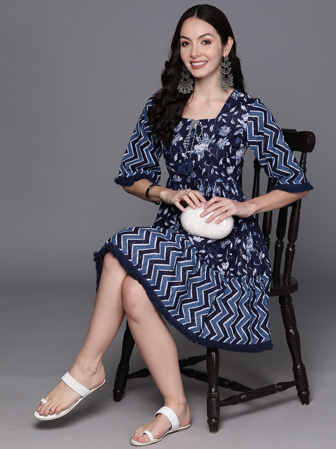 

Indo Era Floral Print Tie-Up Neck Flared Sleeves A-Line Ethnic Dress, Navy blue