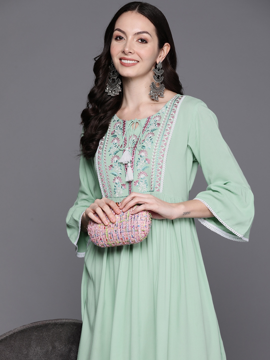 

Indo Era Floral Embroidered Embellished Tie-Up Neck Bell Sleeves A-Line Midi Ethnic Dress, Sea green
