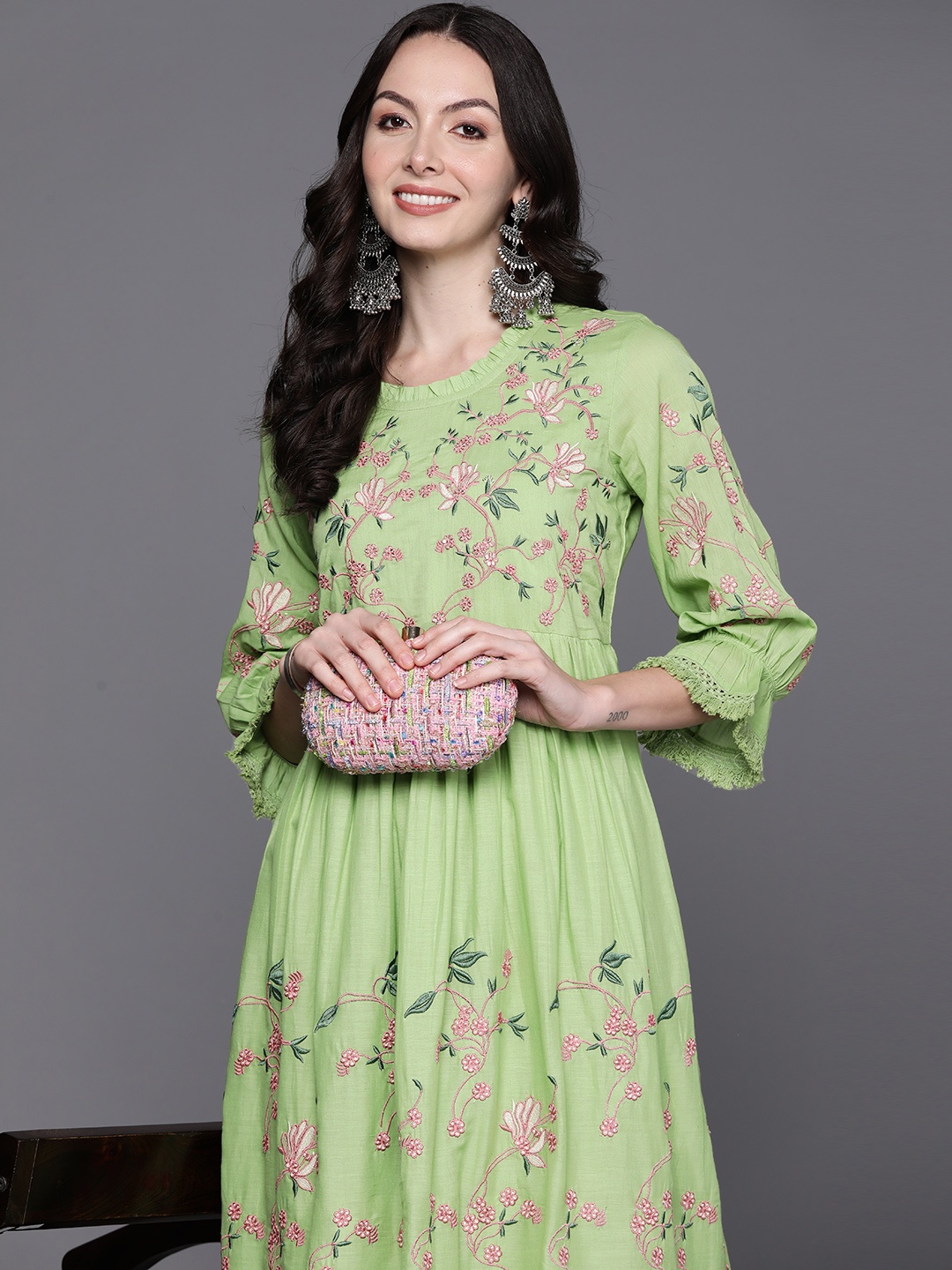 

Indo Era Floral Embroidered Embellished Bell Sleeves A-Line Midi Ethnic Dress, Green