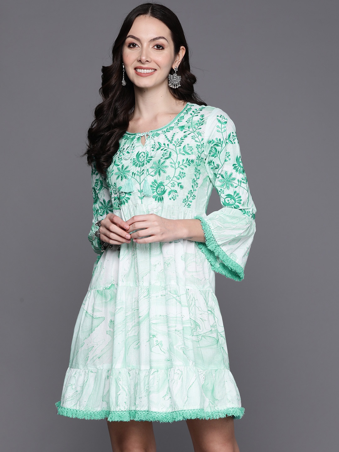 

Indo Era Tie & Dye Embroidered Tie-Up Neck Bell Sleeves A-Line Ethnic Dress, Sea green