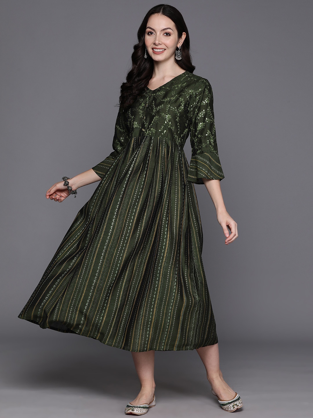 

Indo Era Floral Embroidered Sequinned Bell Sleeves A-Line Midi Ethnic Dress, Green