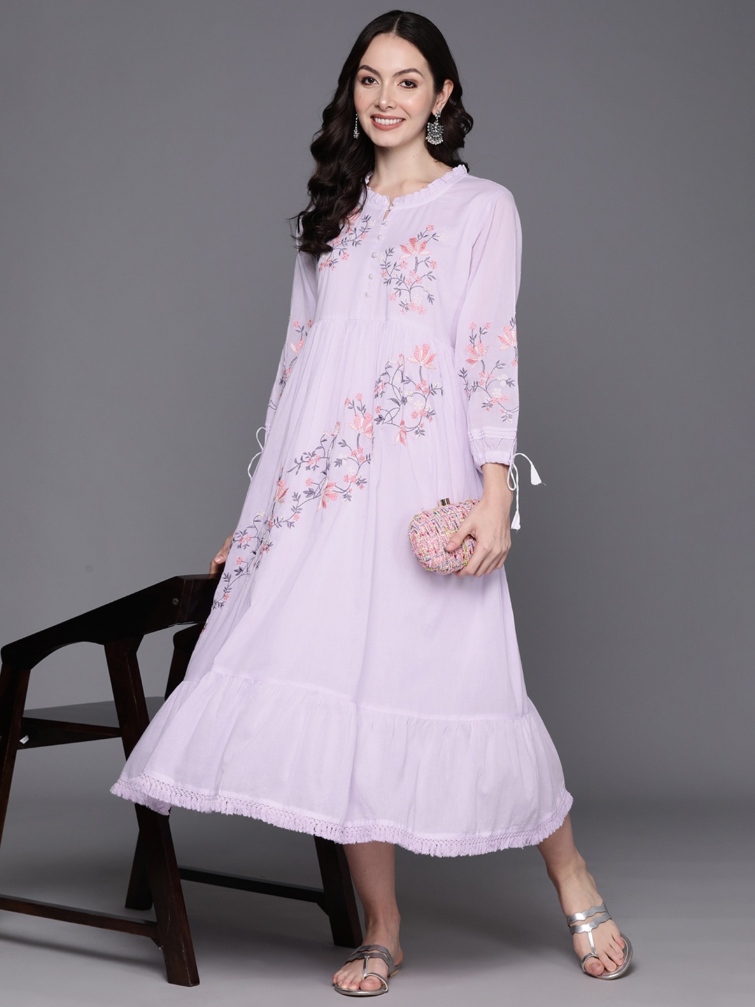 

Indo Era Floral Embroidered Puff Sleeve A-Line Midi Dress, Lavender