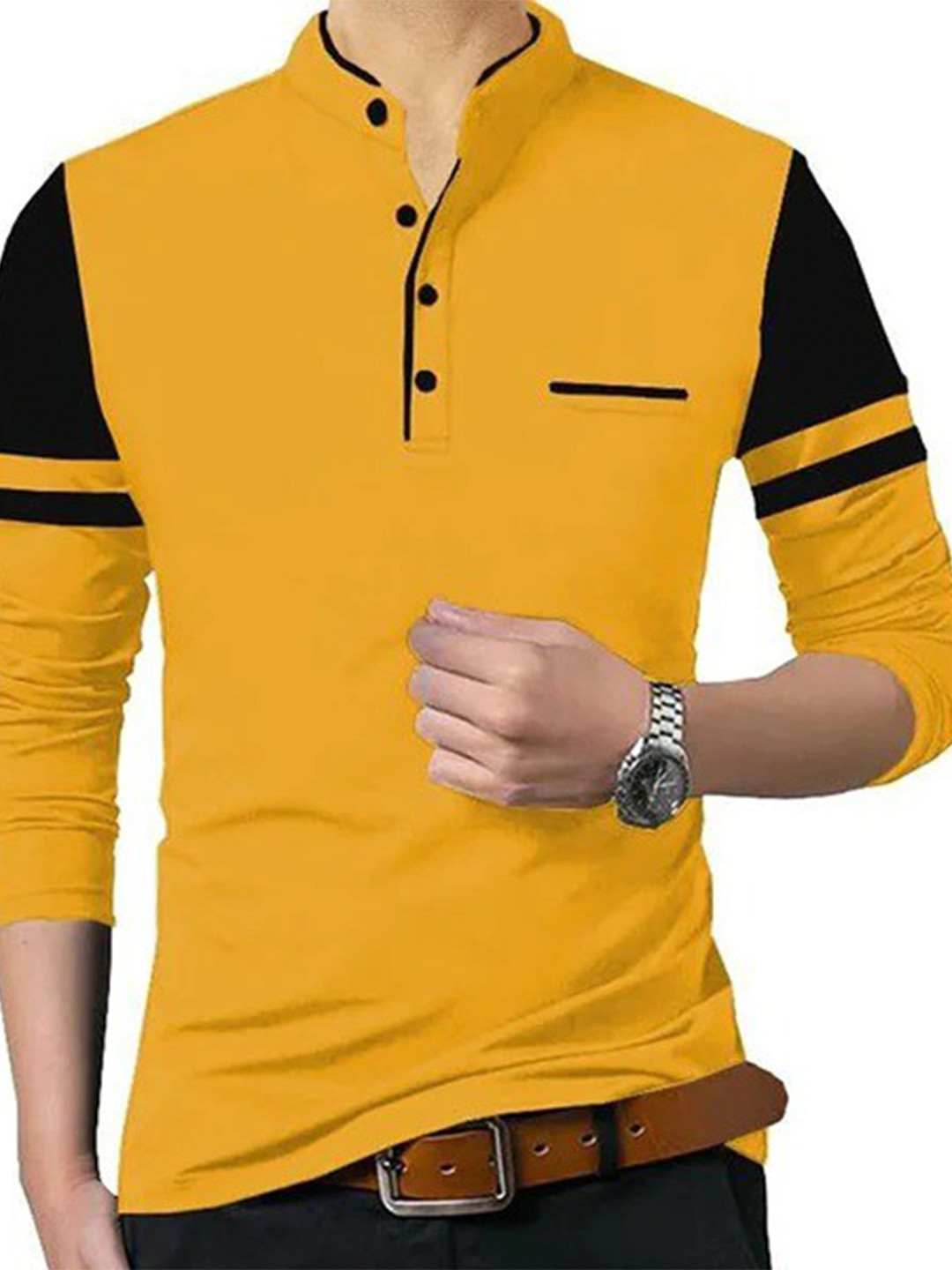 

TRIPR ORIGINALS Colourblocked Mandarin Collar Cotton T-Shirt, Yellow