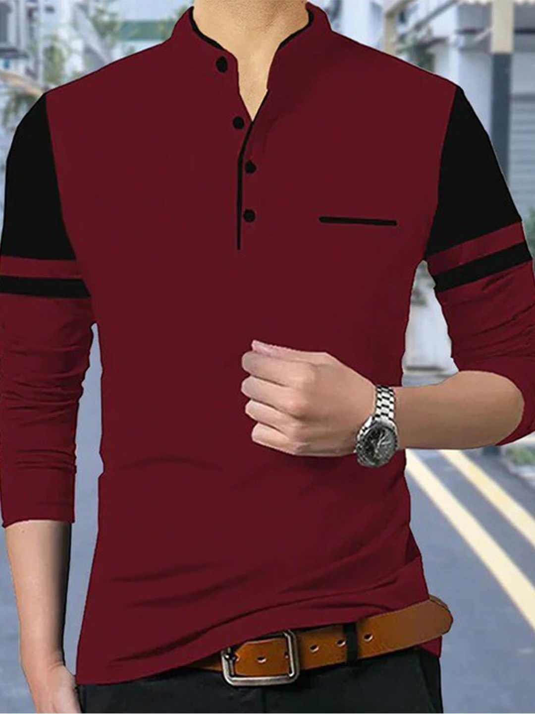 

TRIPR ORIGINALS Colourblocked Mandarin Collar Cotton T-Shirt, Maroon