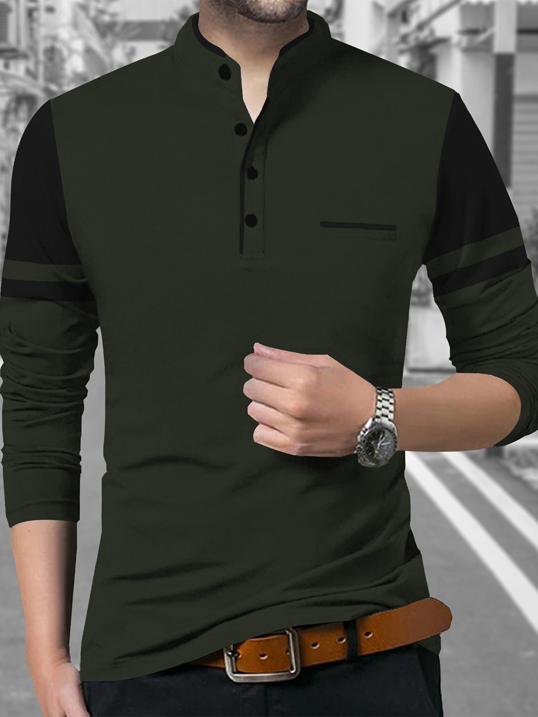 

TRIPR ORIGINALS Colourblocked Mandarin Collar Cotton T-Shirt, Olive